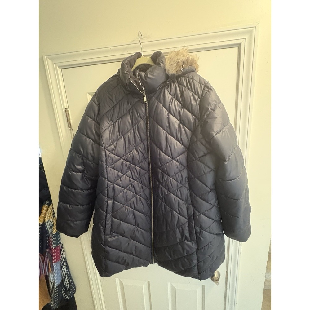 Halitech Women's Hooded Faux Fur Trim Quilted Puffer Coat Navy Blue  2XL